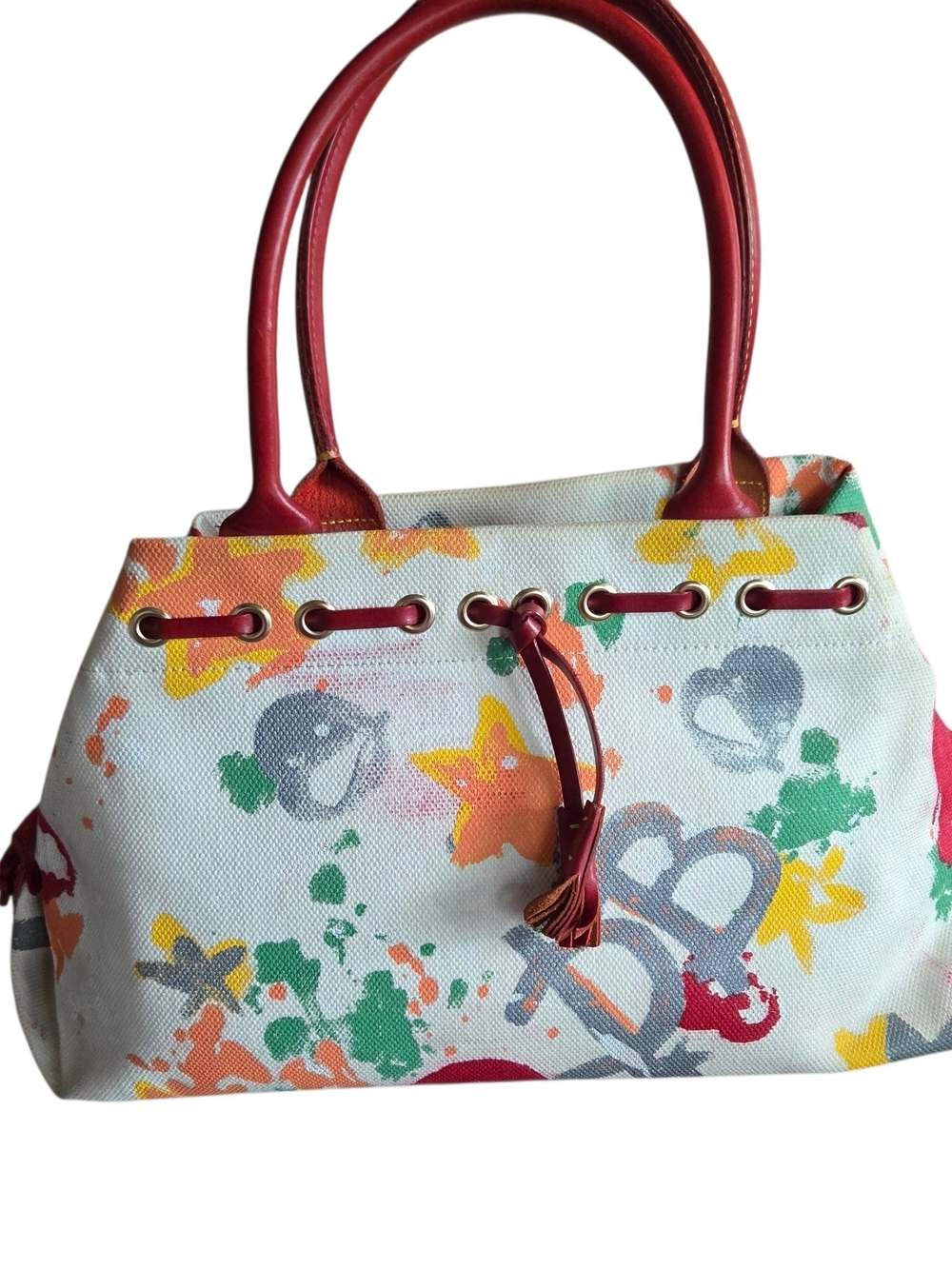 Dooney & Bourke White Canvas Floral Paint-Splash Satchel with Red Trim
